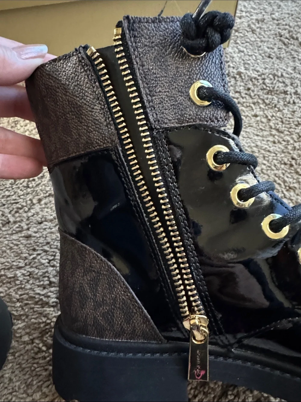 Michael Kors Black Patent Lace-Up Combat Boots with Gold Hardware